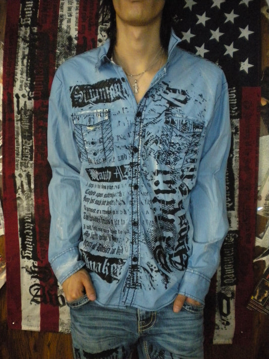 Summoned Awakening Blue Distressed Button Up Large