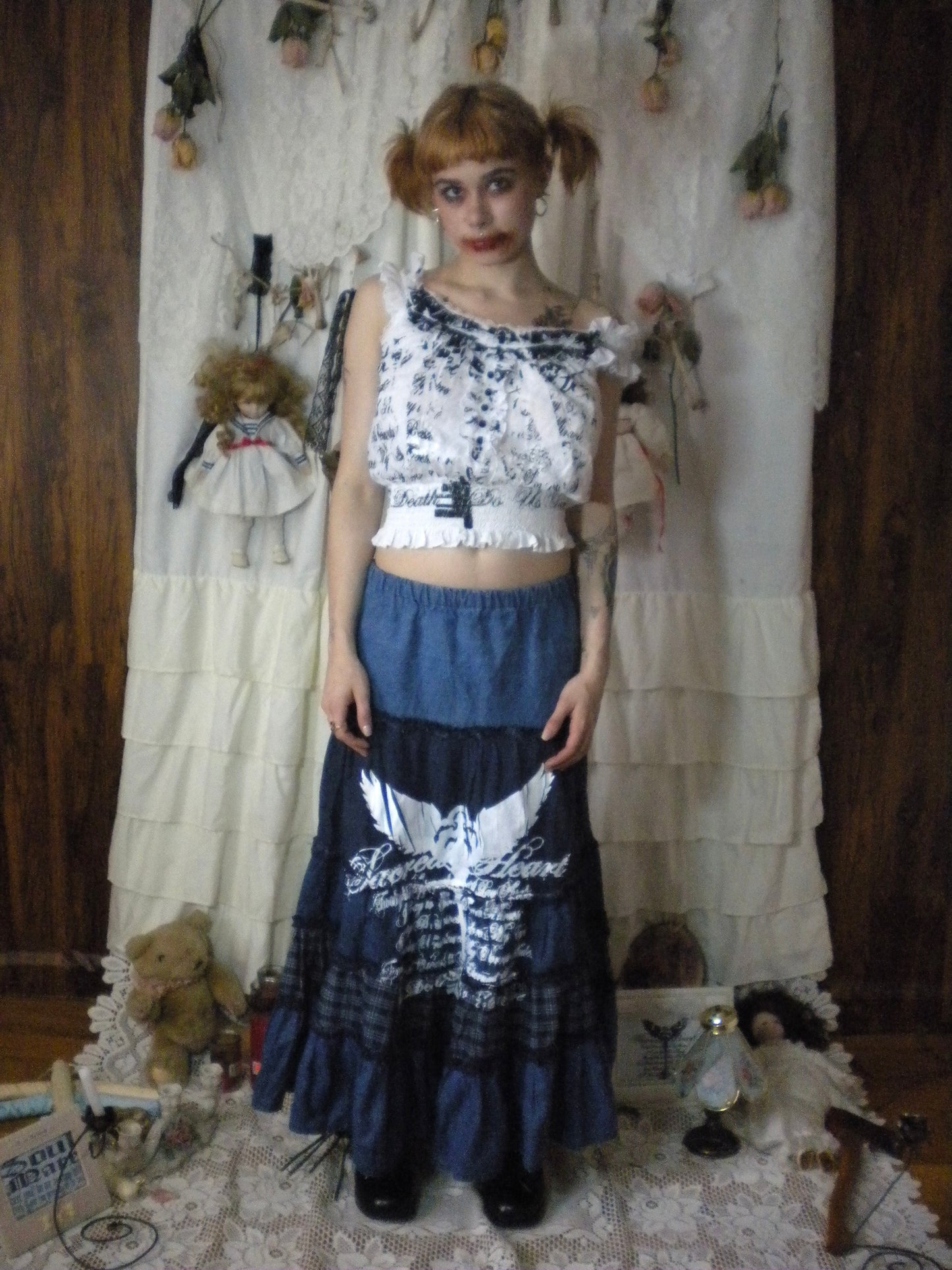 Scared Heart Denim Tiered Skirt