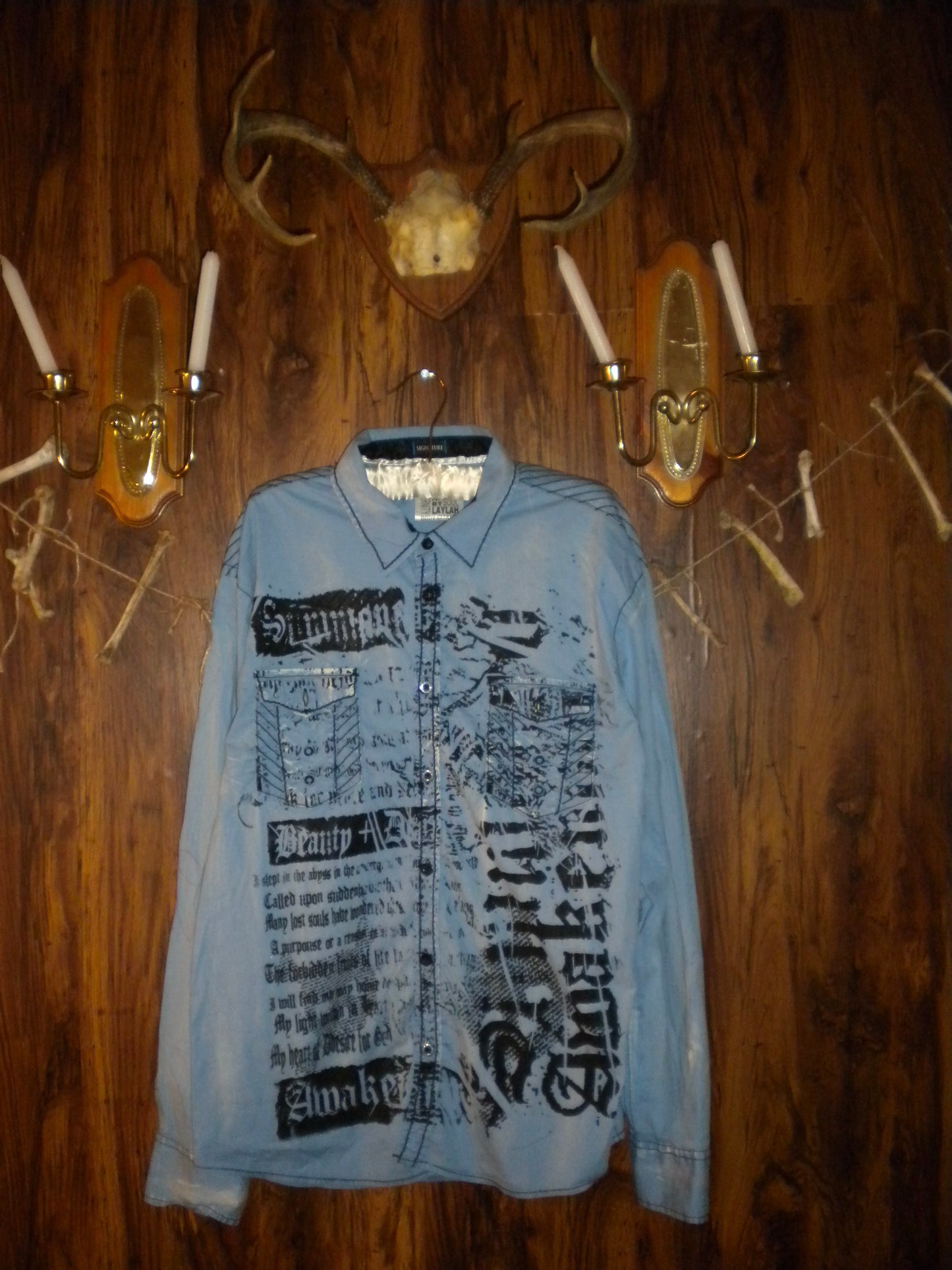 Summoned Awakening Blue Distressed Button Up Large