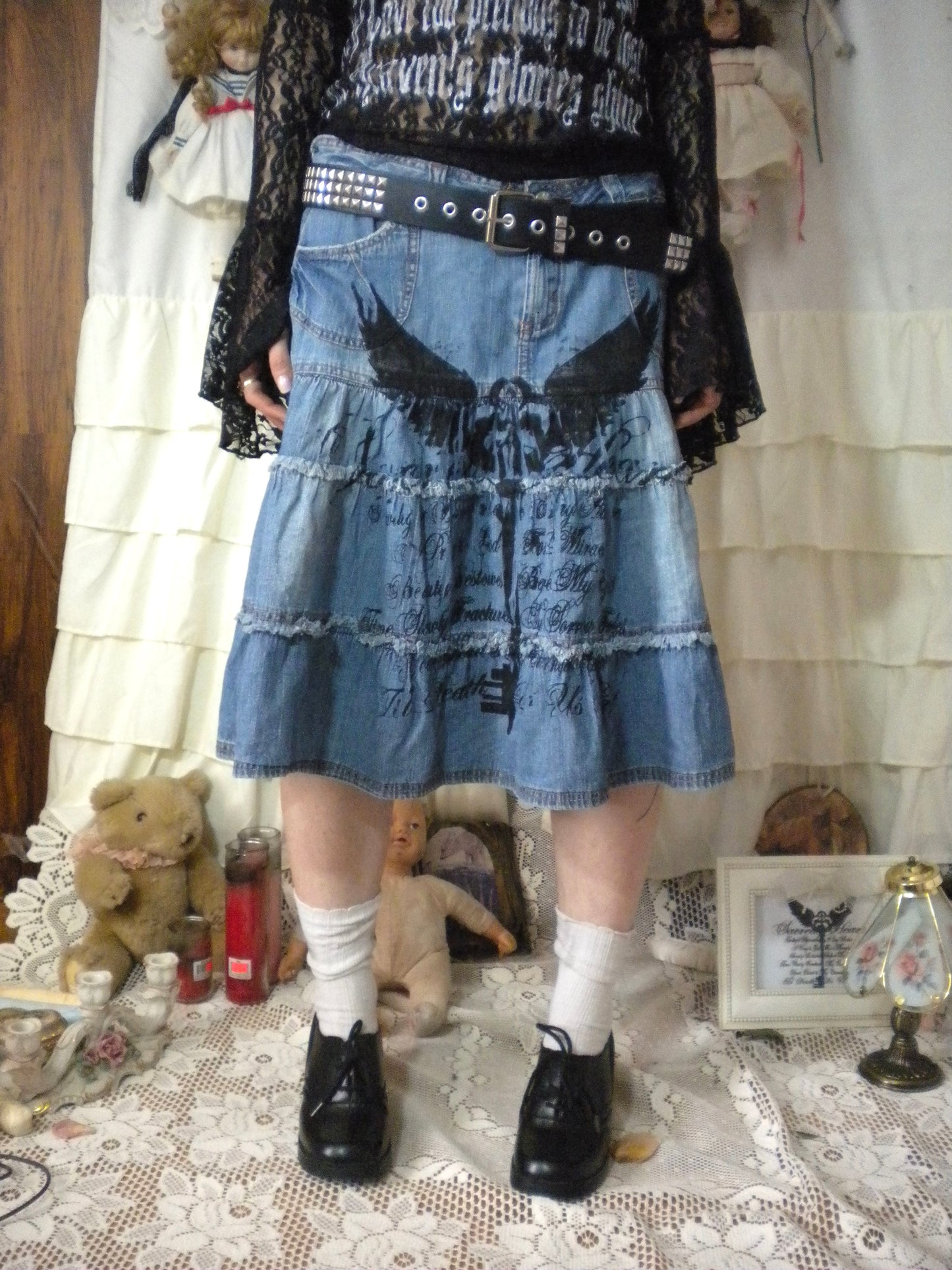 Sacred Heart Denim Tiered Skirt Size 31.5