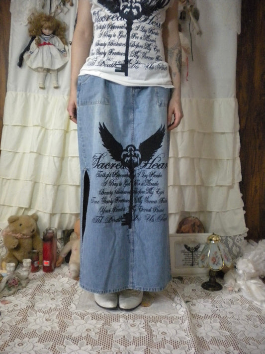 Sacred Heart Denim Maxi Skirt Size 31.5