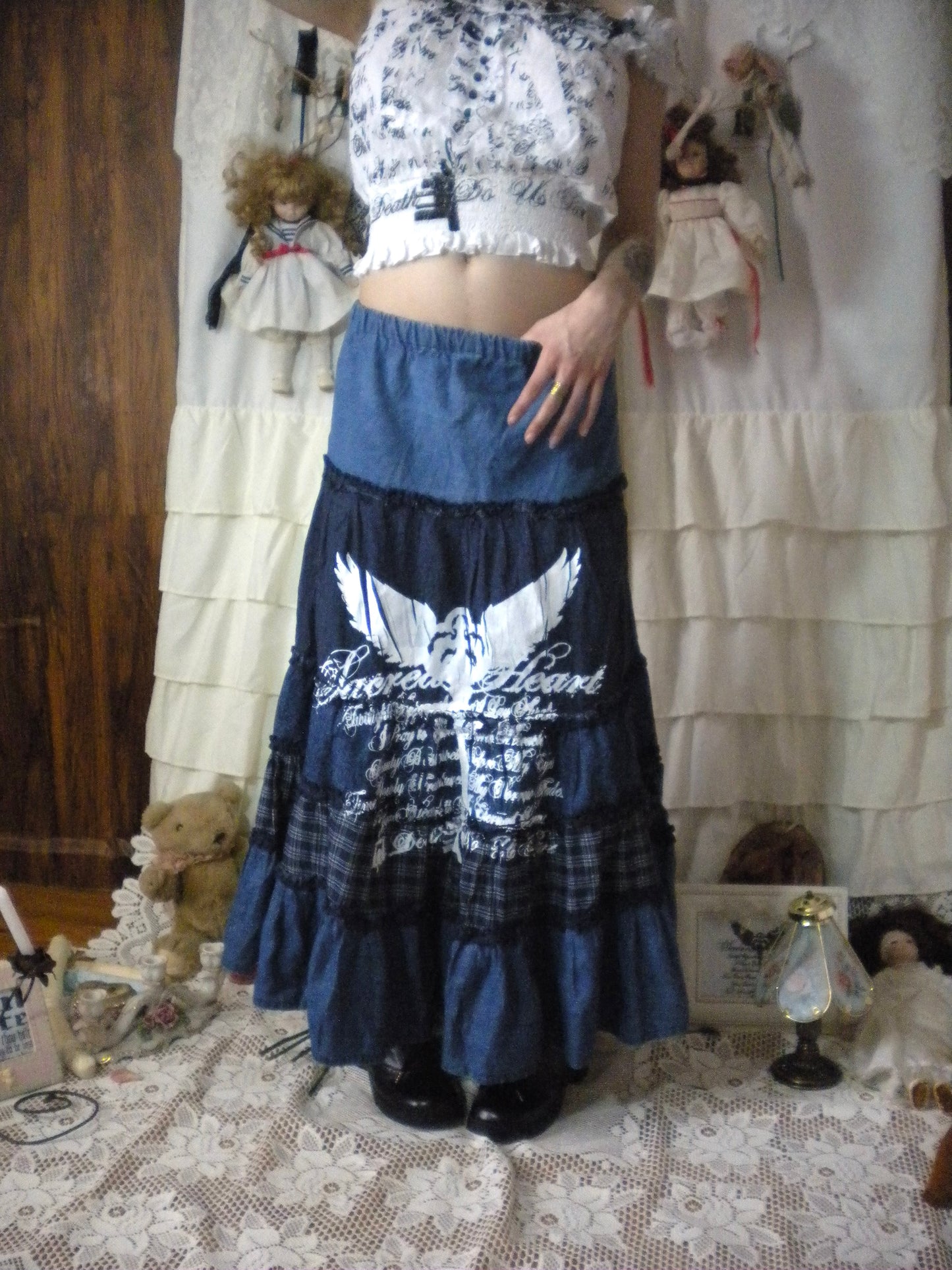 Scared Heart Denim Tiered Skirt