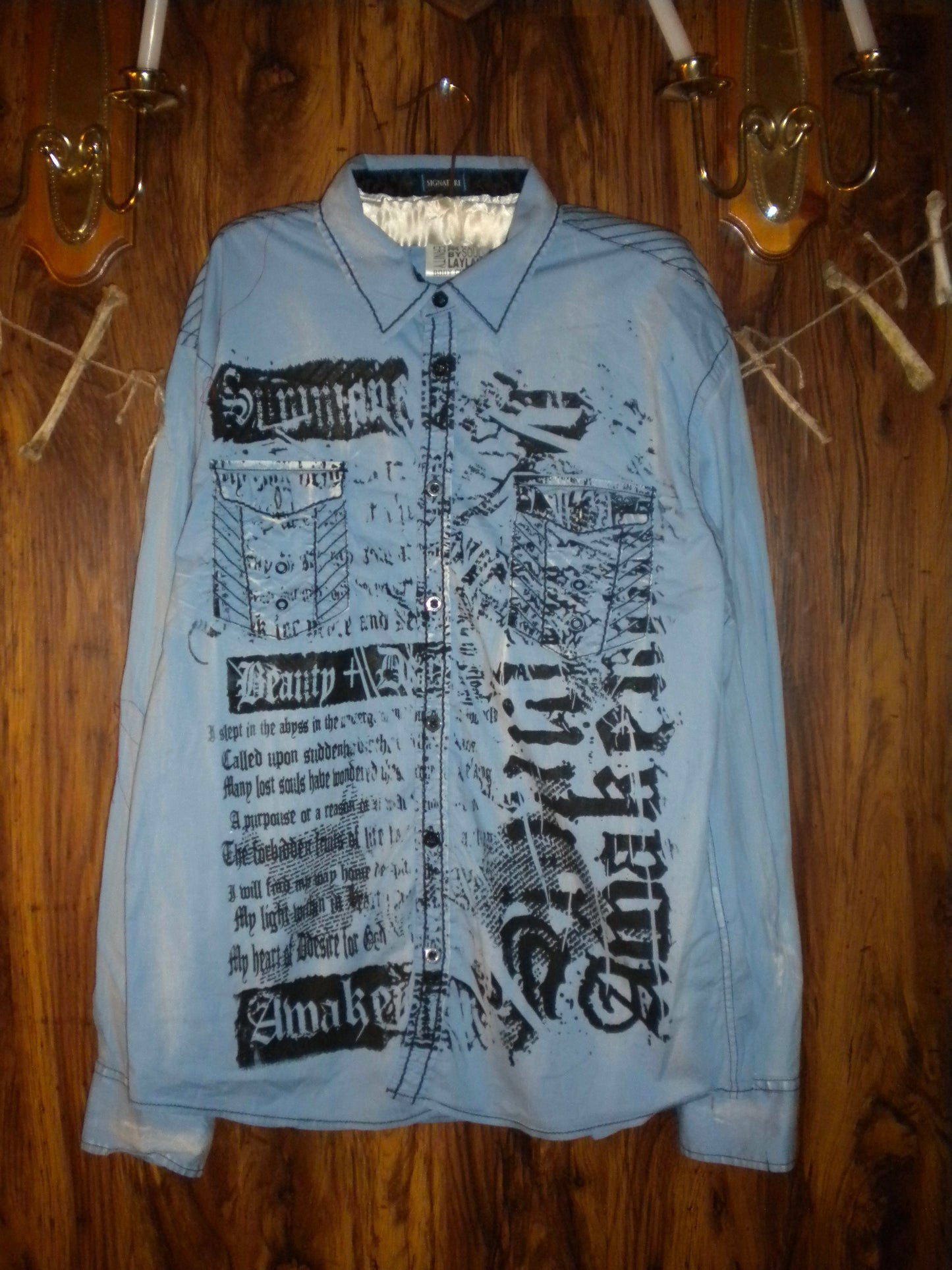 Summoned Awakening Blue Distressed Button Up Large