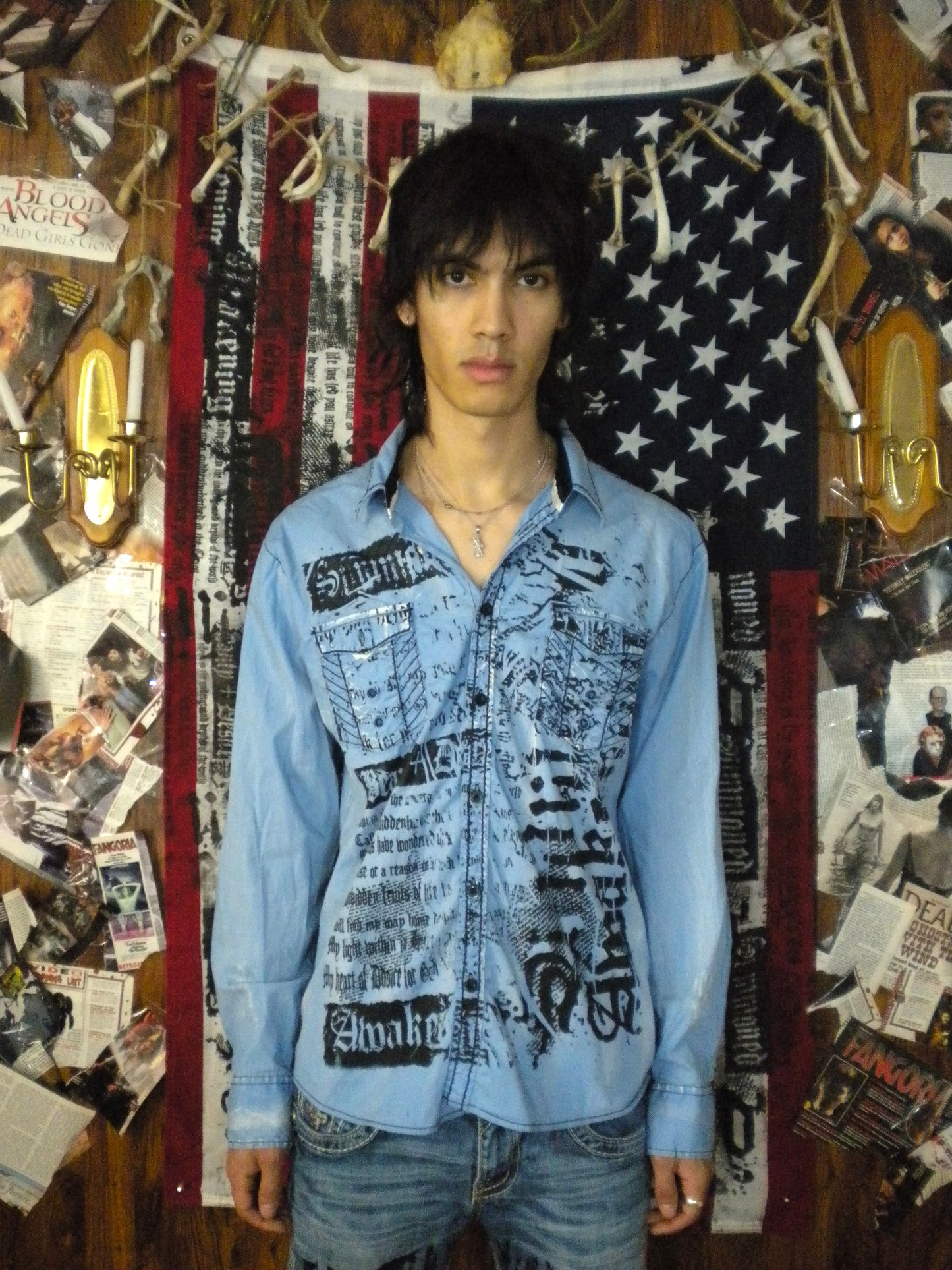 Summoned Awakening Blue Distressed Button Up Large