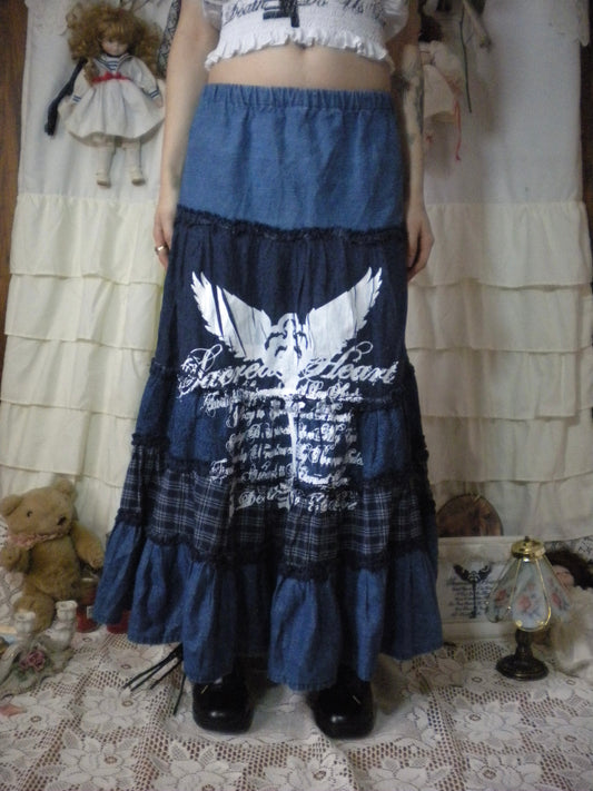 Scared Heart Denim Tiered Skirt